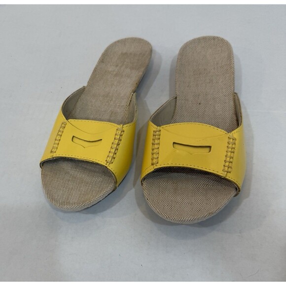 Lands' End Shoes - Lands End Sz 7M Yellow Patent Slip-On Slide Massage Sole Burlap Footbed Sandal